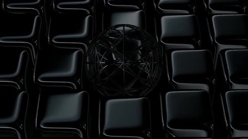 Abstract Dark Cubes Undulate Around Wireframe Sphere Loop