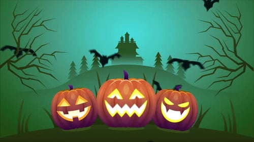 Animated Halloween Night Scene with Jack-o'-Lanterns and Bats