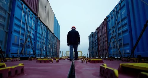 Man in Orange Helmet Moves Through Narrow Path of Containers