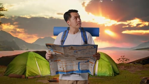 Asian Male Looking At The Map Then Looking Around While Tent Camp Lakeside