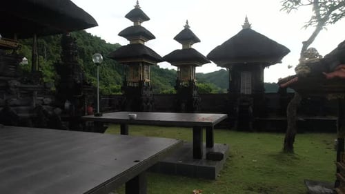 Tracking in the temple courtyard in Bali, Ancient Shrines In Hindu Temple
