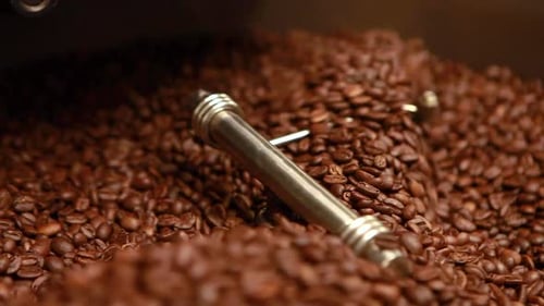 Coffee Beans Rotating in Industrial Mixing Machine