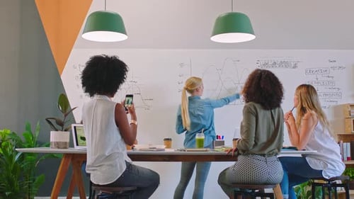 Apresentação de agência de marketing, mulheres de negócios e análise de reuniões, planejamento de workshops