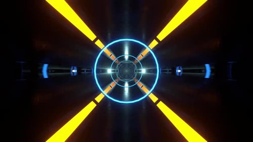 Túnel redondo infinito en bucle con luces azules y amarillas