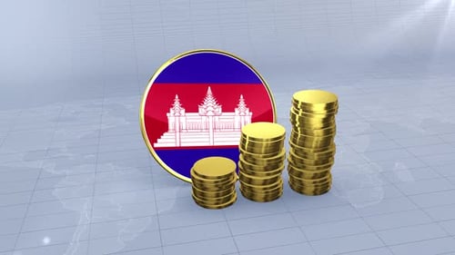 Cambodia Flag With Plain Gold Coins Tower