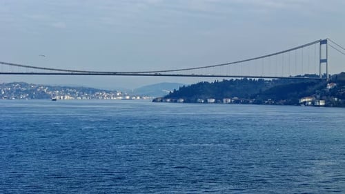 Wide Angle Drone View of the Bosphorus Bridge and Deep Blue Water in Istanbul