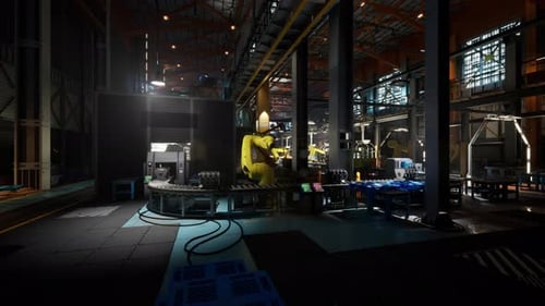 Conveyor Belt in an Industrial Factory Automating Product Assembly at Night