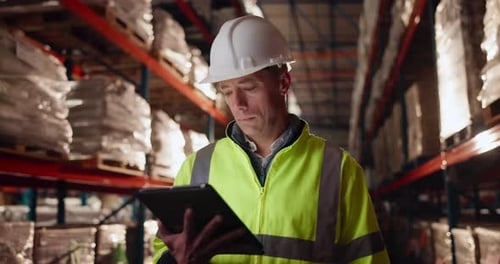 Tablet, man and inspection for logistics in warehouse with inventory checklist