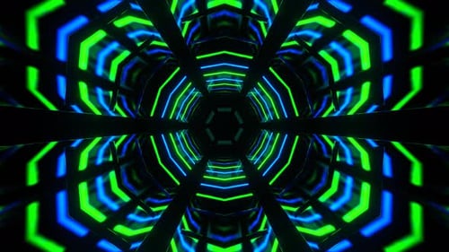 Blue And Green Hexagonal Neon Mirrored Tunnel Background Vj Loop In 4K