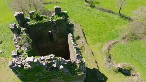 Plants Growing On The Ruins Of Torre de Tores On A Sunny Summer Day In Lugo, Spain. - aerial shot