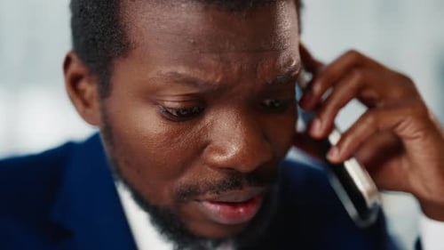 Emotional Businessman in Office Portrait of Black Man Calling By Phone Financial Problems and