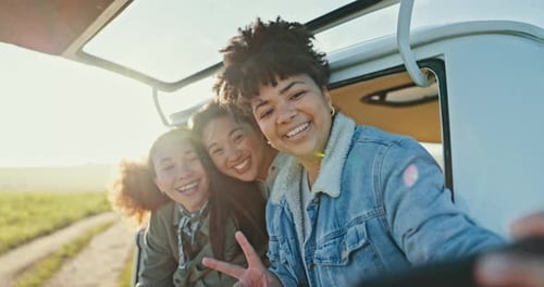 Happy, road trip and friends smile for selfie, phone or adventure in countryside with women
