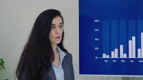 Woman Presents Sales Data Analysis on Screen