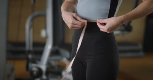 Woman Measures Waist in Gym with Tape Measure