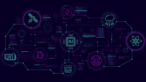Futuristic AI Technology Network Infographic with Neon HUD Elements