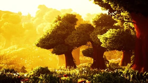 Cartoon Wooded Forest Trees Backlit By Golden Sunlight