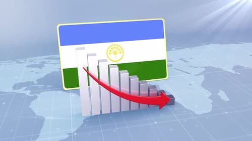 Bashkortostan Flag With Decrease Bar Chart Graph And Arrow Red