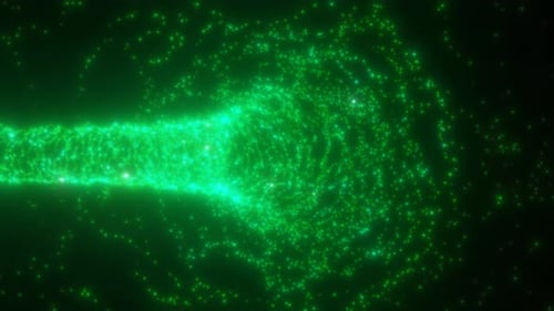 Túnel verde abstracto que gira a partir de partículas y puntos de alta tecnología futurista y resplandeciente