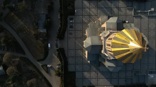Drone view of Tbilisi city center featuring the Sameba Holy Trinity Cathedral, Georgia.