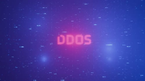 Camera zoom in on red flashing DDOS sign in technological background. Concept of DDOS attack on info