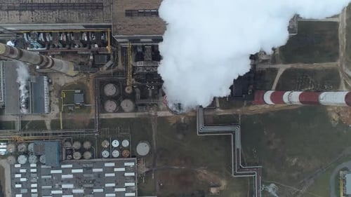 Thermal Power Energy Station View From Height to Pipes in Fog Steam and Smoke From Pipes