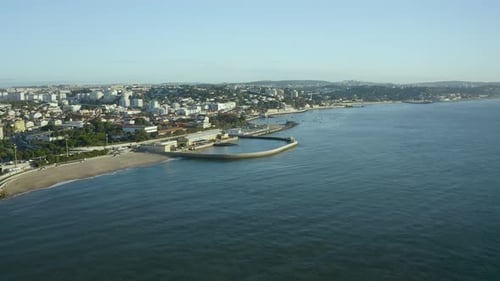 Aerial View Of The Praia nova Beach And Traffic On The Coast Of Sunny, Paço de Arcos, Oeiras