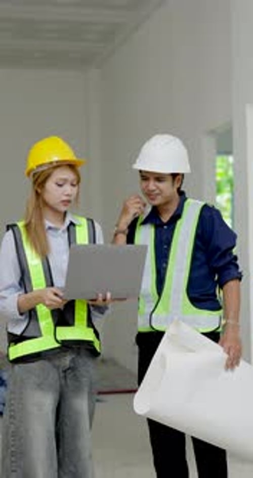Asian woman engineer reviews laptop with male contractor inside unfinished building site,
