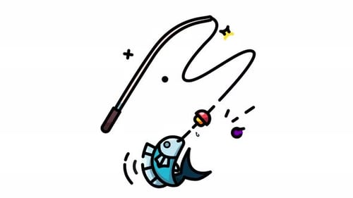 Animated Fishing Rod and Fish Icon with Flat Design