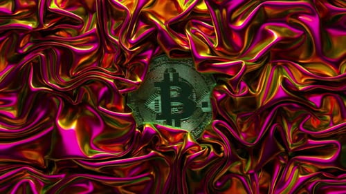 A Fabric of Metallic Neon Pink is Wrinkled Around the Bitcoin