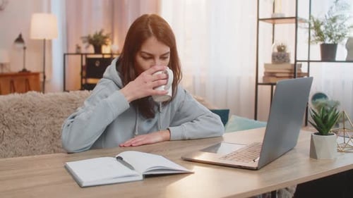 Woman Working on Laptop in Cozy Home Interior