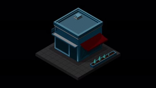Animación isométrica del edificio de un café en la noche. Exterior del edificio de la cafetería. Icono de cafetería. Tienda isométrica