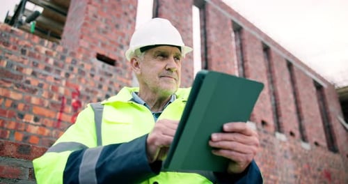 Engineer, thinking and construction outdoor with tablet, labor regulations
