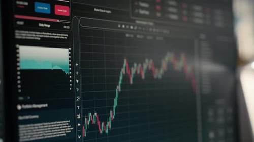 Stock Market Metrics Graphs Displayed on Computer Screens in Investment Firm