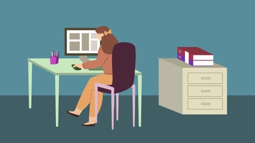 Woman is sitting at desk and working on computer Office animation