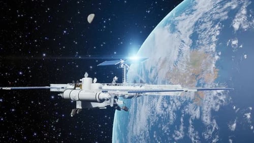 satellite flying in space over the globe with a view of night cities
