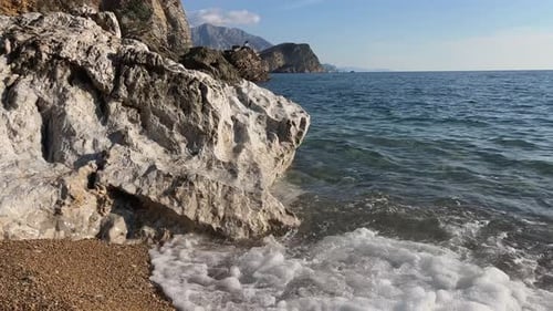 On a Sunny Day a Light Sea Wave Washes a Beautiful White Stone on the Shore