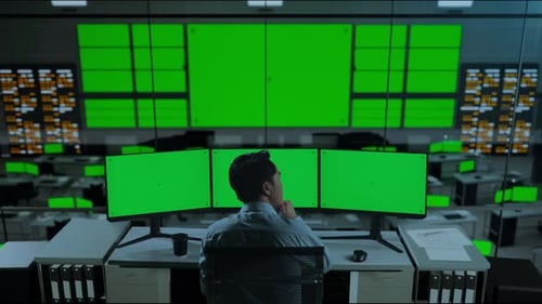 Hombre pensando y luego levantando su dedo índice mientras trabajaba con una maqueta de monitor múltiple en la oficina
