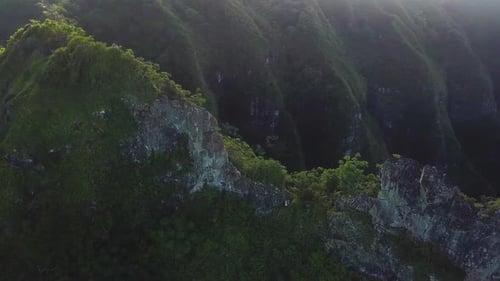 Drone Shot flying over a beautiful ridge in the Hawaiian mountains.