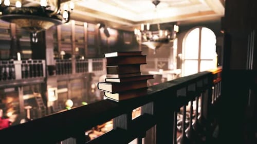 Old Library Interior with Stacked Books on a Wooden Railing