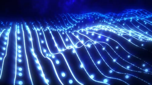 Abstract blue shiny glowing lines rays of energy and magical waves from particles and dots