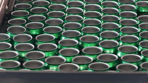 Rows of Green Cans Move Through Production Line