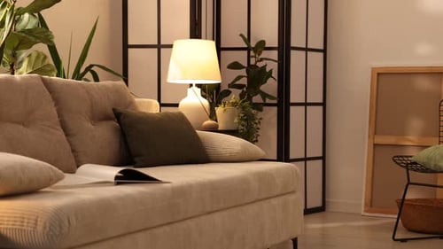 Interior design. Stylish living room with sofa and houseplants. Camera moving left