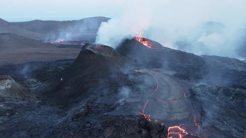 Active Fagradalsfjall volcano in Iceland with dangerous gases rising from earth