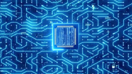 Blue Glowing Circuit Board with CPU and Digital Data Flow