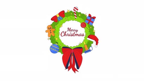 Animated Flat Design Christmas Wreath with Merry Christmas Text