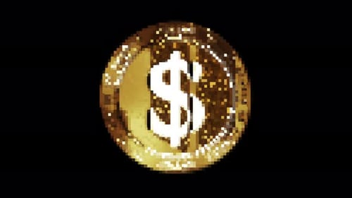 Dollar USD currency golden coin loop on pixel retro style