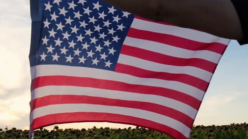 Person Holding American Flag in Sunflower Field at Sunset