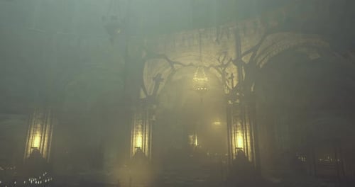 Mysterious Atmospheric Setting in an Ancient Stone Hall with Flickering Light