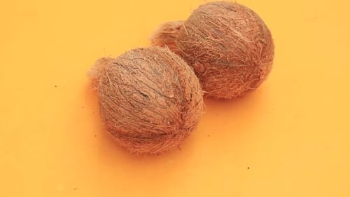 Two Coconuts Rotating on Yellow Background