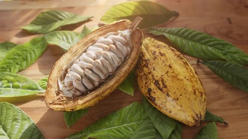 Fruta de cacau fresca com feijão e folhas de cacau em uma mesa de madeira à luz do sol.